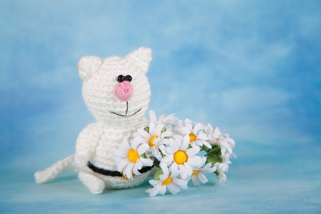 Chat tricoté. décor saint valentin. jouet tricoté, amigurumi, carte de voeux. Photo Premium
