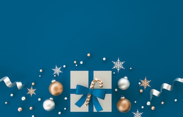 Composition De Décoration 3d De Noël Avec Des Cadeaux, Boule De Noël, Flocon De Neige Sur Fond Bleu. Noël, Hiver, Nouvel An. Mise à Plat, Vue De Dessus, Fond. Photo Premium