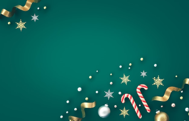 Composition De Décoration 3d De Noël Avec Canne En Bonbon, Boule De Noël, Flocon De Neige Sur Fond Vert. Noël, Hiver, Nouvel An. Mise à Plat, Vue De Dessus, Fond. Photo Premium