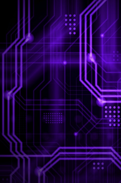 Un contexte technologique abstrait composé d’une multitude de lignes de guidage lumineuses et de points formant une sorte de carte mère physique. couleur violette Photo Premium