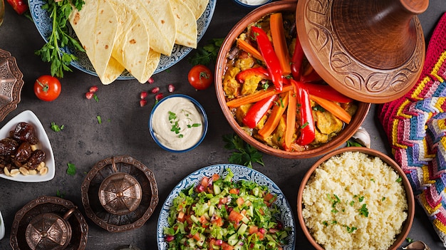 Cuisine Marocaine. Plats Traditionnels De Tajine, Couscous Et Salade Fraîche Sur Une Table En ...