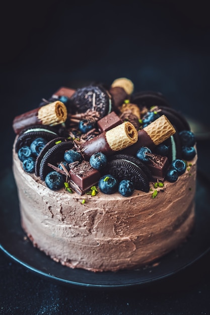 Delicieux Gateau Au Chocolat Fait Maison Decore De Bonbons Et De Biscuits Servis Sur Assiette Photo Premium