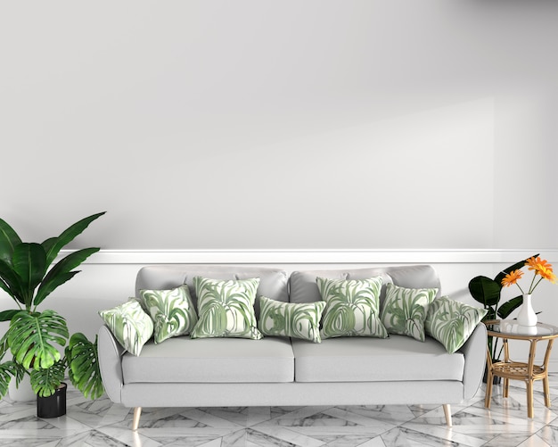 Design tropical, fauteuil, plante, meuble sur sol en granit et fond blanc Photo Premium