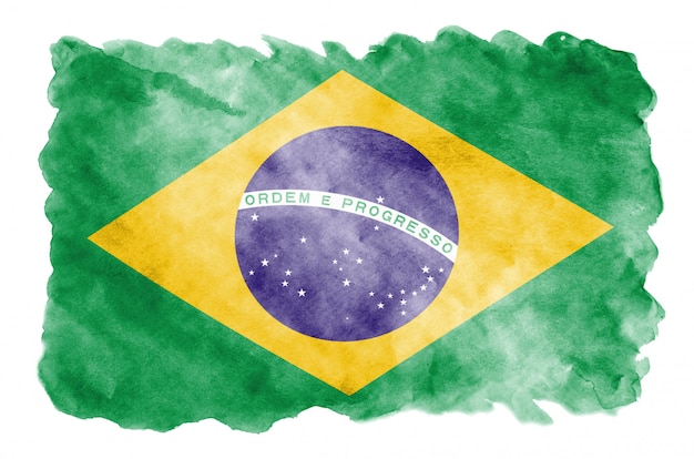 Le drapeau du brésil est représenté dans un style aquarelle liquide isolé sur blanc Photo Premium