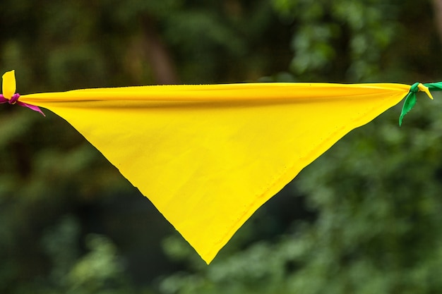 Drapeau jaune d'une guirlande dans le parc Photo Premium