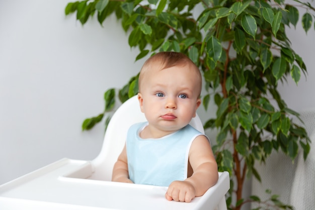 Drole Heureux Bebe Blond Aux Yeux Bleus En Bavoir Bleu Est Assis Sur Une Chaise Haute Mur Blanc Et Fond De Feuilles Vertes Photo Premium