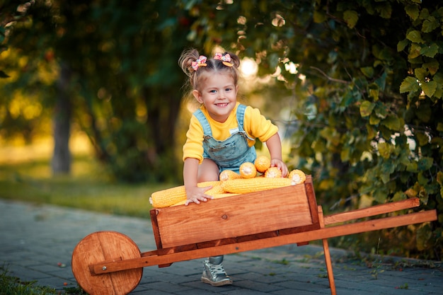 Enfant Heureux Avec Des Pis De Ma S Jaune Dans La Brouette Belle