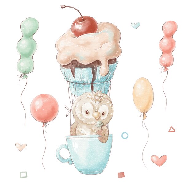 Ensemble De Chouette Dessin Anime Mignon Dans Un Ballon En Forme De Gateau Dans Une Tasse Photo Premium