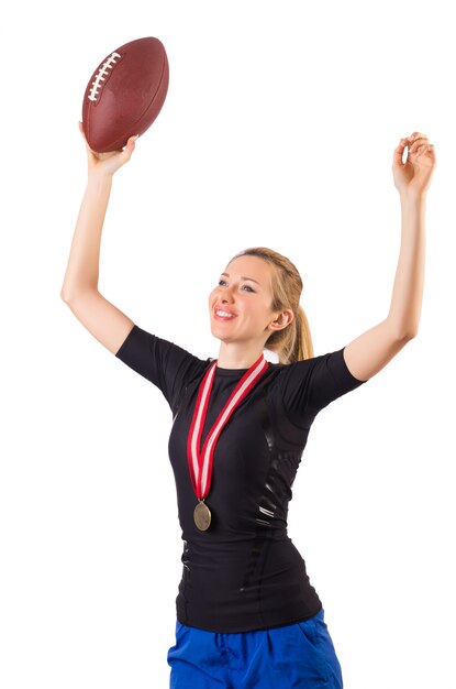 Femme, football américain, isolé, blanc Photo Premium