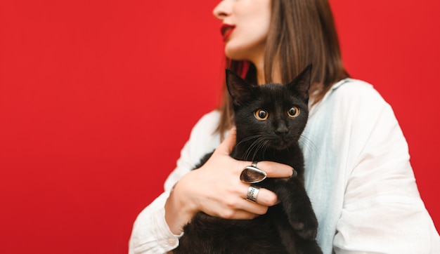 Femme Tenant Un Chat Dans Ses Bras Photo Premium