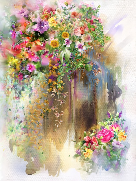  Fleurs  abstraites sur la peinture  aquarelle  murale fleurs  