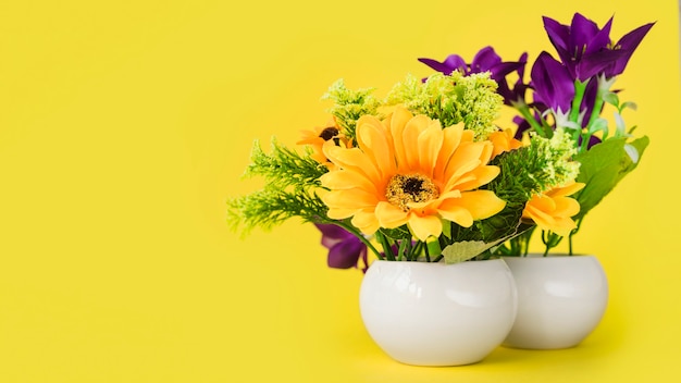 Fleurs colorées dans le petit vase blanc sur fond jaune Photo gratuit