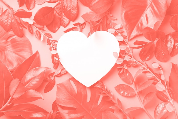 Fond créatif fait de feuilles tropicales, papier en forme de coeur de couleur corail. lay plat. vue de dessus. Photo Premium