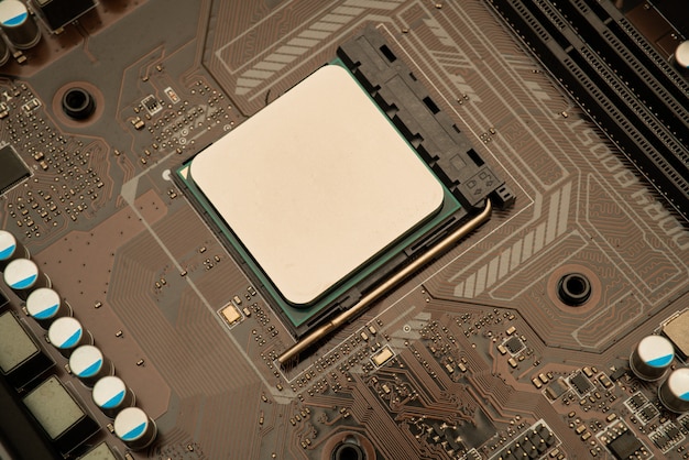 Fond de technologie avec texture de carte de circuit imprimé bleu processeur processeurs de serveur informatique Photo Premium