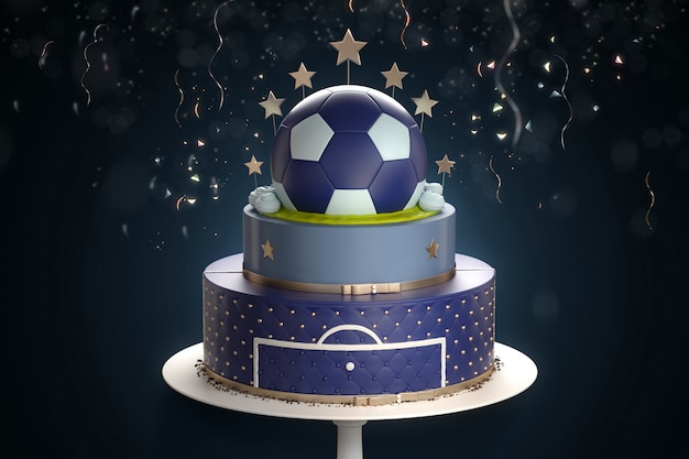 Gateau Bleu Avec La Decoration Du Ballon De Football D En Haut Et Des Confettis Sur Fond Photo Premium