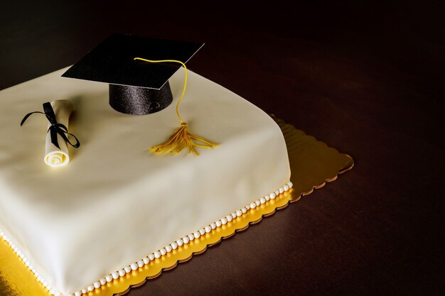 Gateau Fondant De Graduation Avec Chapeau Et Decoration De Diplome Pour La Fete Photo Premium