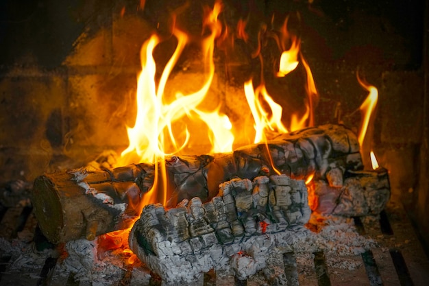 Gros Plan De Bûches Dans La Cheminée | Photo Premium