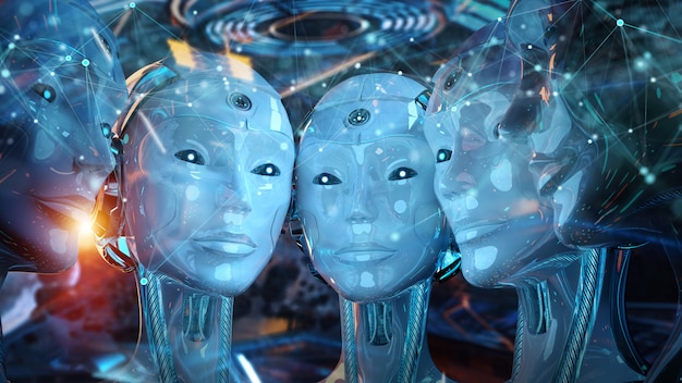 Groupe de têtes de robots femelles créant une connexion numérique Photo Premium
