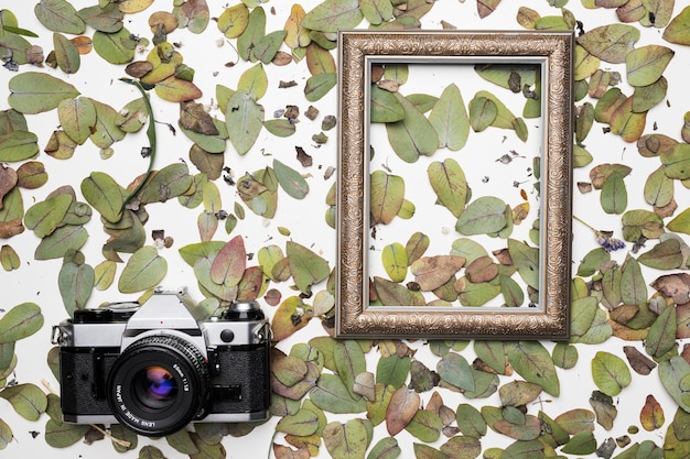 Lay plat de cadre avec concept floral Photo gratuit