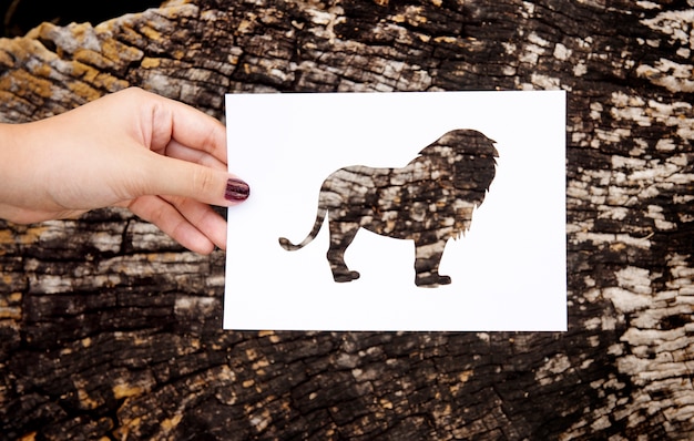 Main tenant le papier lion sculpture avec fond en bois Photo gratuit