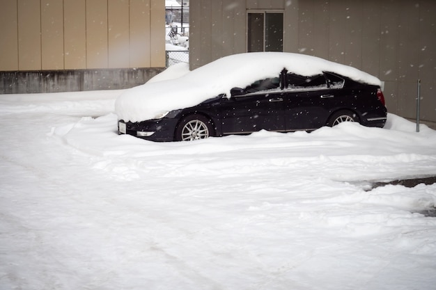 Neige couvrir le toit de la voiture dans le parking. l'hiver. Photo Premium