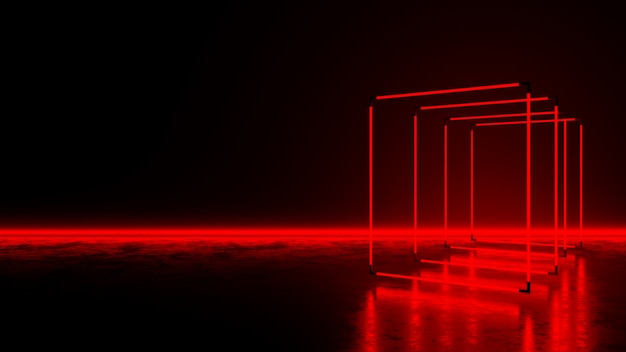 Néon rectangle rouge sur sol sombre Photo Premium