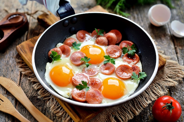 Œufs Au Plat Faits Maison Avec Des Saucisses Dans Une Poêle Sur Fond De ...