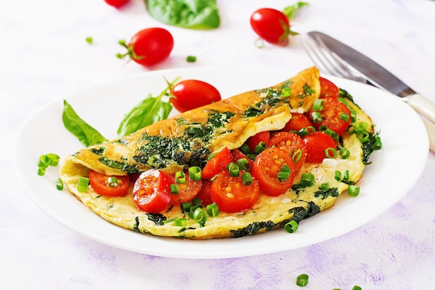 Omelette Aux Tomates, épinards Et Oignons Verts Sur Plaque Blanche ...