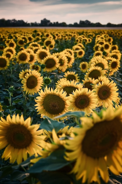 Paysage Agricole Avec Champ De Tournesols Au Coucher Du Soleil Nuages Majestueux Dans Le Ciel Fleurs Agricoles Stylisation Retro Mise Au Point Selective Photo Premium