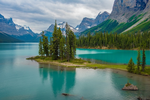 Paysage Forestier Du Canada De Spirit Island Avec La Grande Montagne En Arriere Plan Alberta Canada Photo Premium