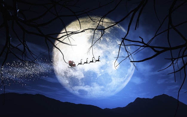 Pere Noel Et Son Traineau Volant Dans Un Ciel Eclaire Par La Lune Photo Gratuite