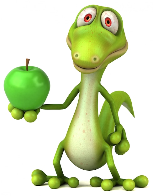 Personnage Drole De Lezard 3d Tenant Une Pomme Verte Photo Premium