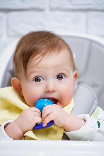 Un Petit Enfant Est Assis Sur Une Chaise Haute Et Mange Des Fruits A Travers Le Filet Grignoteuse Pour Nourrir Les Bebes Photo Premium