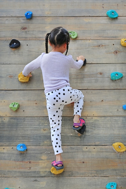 Petite Fille Enfant En Train D Essayer L Escalade Libre Sur Le Mur En Bois De L Aire De Jeu A L Exterieur Photo Premium