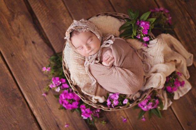 Petite Fille Nouveau Nee Dormir Dans Un Panier Avec Des Fleurs De Jardin Roses Le Bebe Est Allonge Sur Le Dos Photo Premium Petite Fille Nouveau Nee Dormir Dans Un Panier Avec Des Fleurs De Jardin Roses Le Bebe Est Allonge Sur Le Dos Photo Premium