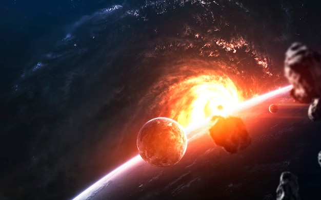 Les planètes devant la galaxie rougeoyante, un superbe fond d'écran de science-fiction. Photo Premium