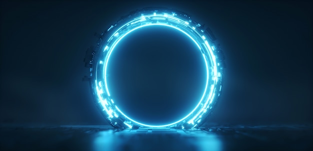 Portail rond au néon bleu brillant futuriste. fond de science-fiction. Photo Premium