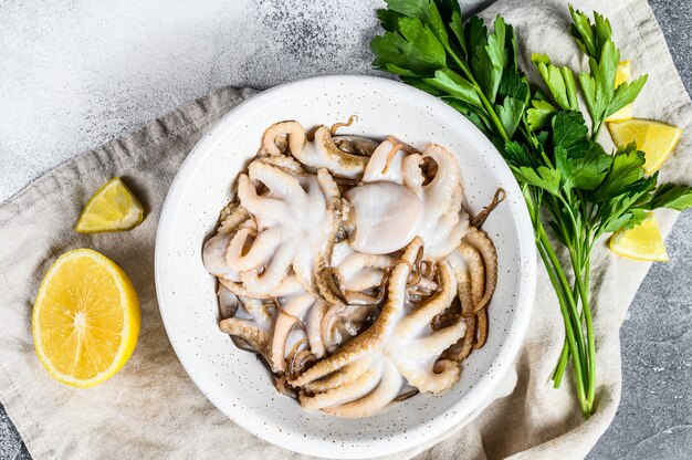 Poulpe Bebe Cru Avec Persil Et Citron Dans Un Bol Blanc Fruits De Mer Bio Fond Gris Vue De Dessus Photo Premium