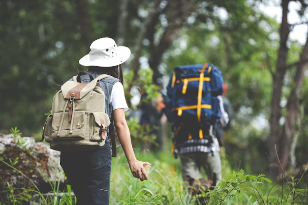 Un Randonneur Heureux Se Promene Dans La Jungle Avec Un Sac A Dos Photo Gratuite