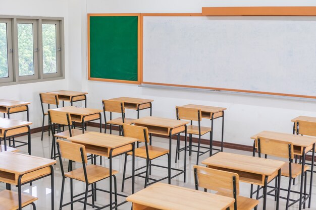 Salle De Conference Ou Ecole Salle De Classe Vide Avec Bureaux Et Chaise En Bois De Fer Pour Etudier Les Lecons Au Lycee Photo Premium