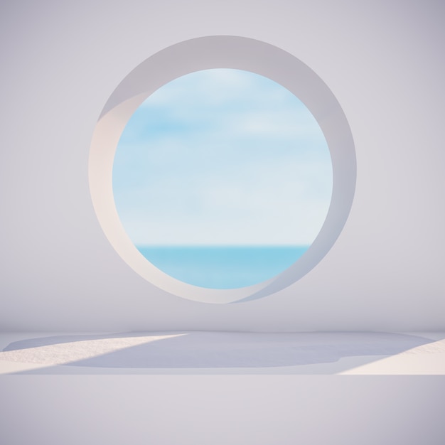 Scène D'hiver Avec Des Formes Géométriques, Cadre De Cercle. Vue Sur La Mer. Fond De Rendu 3d. Photo Premium