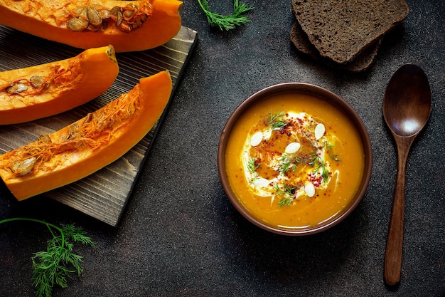 Soupe de potiron et carottes rôtie avec crème, graines et vert frais dans un bol en céramique. vue de dessus Photo gratuit