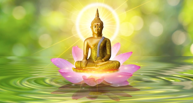 Statue De Bouddha Bouddha Lotus D Eau Debout Sur Fleur De Lotus Sur Fond Orange Photo Premium