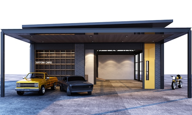 Style Loft Industriel De Garage Exterieur Et Interieur Avec Rendu 3d De Voitures Photo Premium