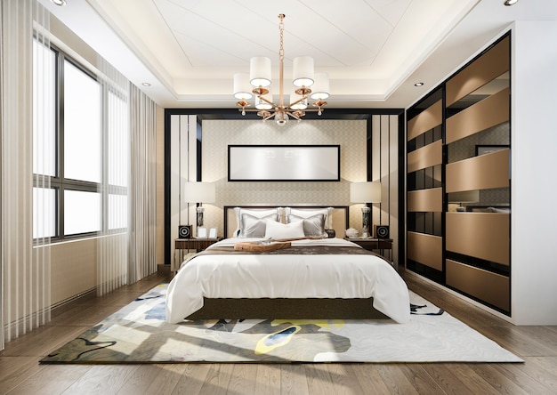 Suite De Chambre A Coucher Moderne De Luxe En Rendu 3d Avec Armoire Et Dressing Photo Premium