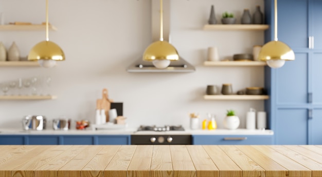 Table En Bois Vide Et Fond De Mur Blanc Cuisine Floue Dessus De Table En Bois Sur Le Comptoir De Cuisine Flou Photo Premium