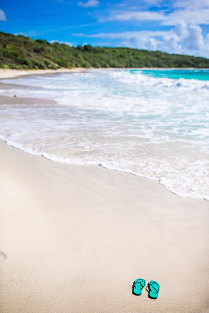 Tongs Menthe D Ete Avec Des Lunettes De Soleil Sur La Plage Blanche Photo Premium