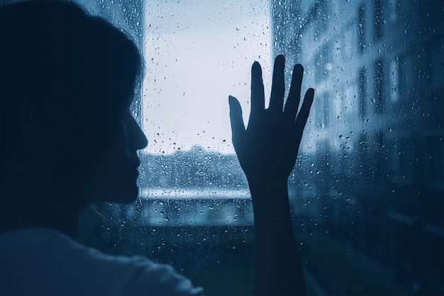 Triste Seule Fille Femme Adolescent Regardant Les Fenêtres