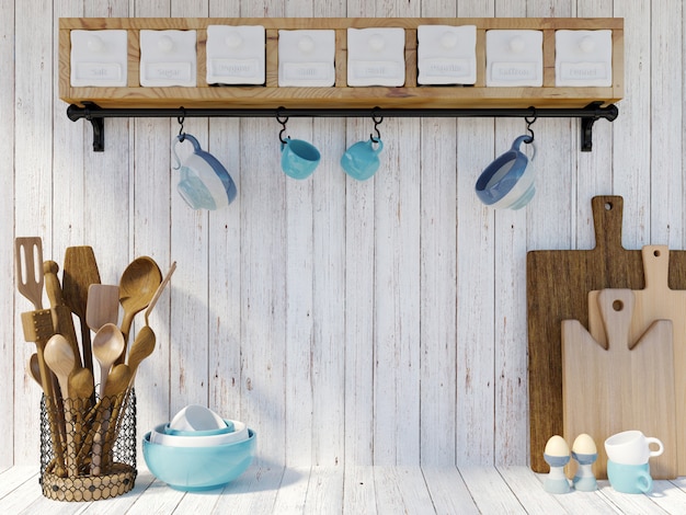 Ustensiles De Cuisine Sur Fond De Bois Blanc Avec Espace De