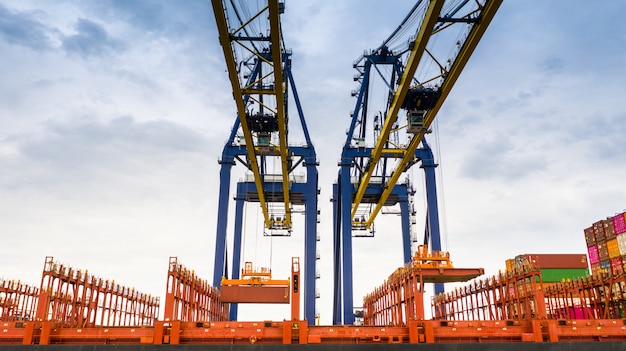 Vue aérienne du terminal cargo, grue de déchargement du terminal cargo, vue industrielle du port industriel avec conteneurs et porte-conteneurs. Photo Premium
